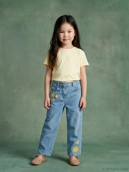 LCW Kids İndigo Nakışlı Kız Çocuk Jean Pantolon ürün görseli 1