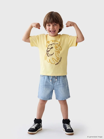 LCW Kids Sarı Bisiklet Yaka Baskılı Erkek Çocuk Tişört ürün görseli 1