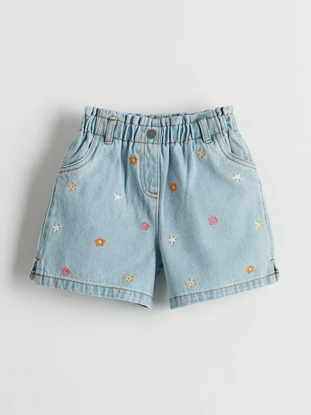 LCW Kids Mavi Beli Lastikli Nakışlı Kız Çocuk Jean Şort ürün görseli 1