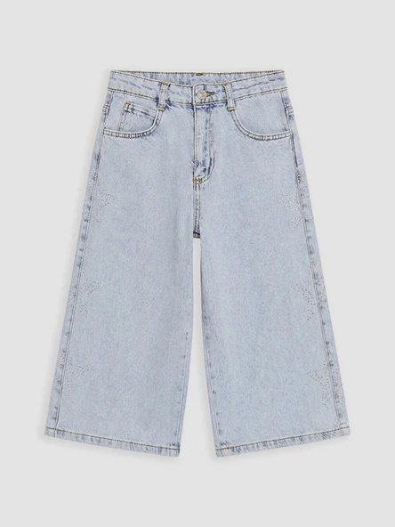 LCW Kids Mavi Geniş Paça Taşlı Kız Çocuk Jean Şortolon ürün görseli 1