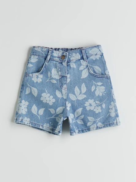 LCW Kids İndigo Beli Ayarlanabilir Lastikli Çiçekli Kız Çocuk Jean Şort ürün görseli 1