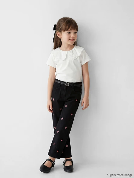 LCW Kids Siyah Balloon Fit Kız Çocuk Jean Pantolon ve Kemer ürün görseli 1