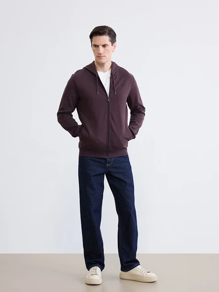 LCWAIKIKI Basic Mürdüm Kapüşonlu Erkek Fermuarlı Sweatshirt - Resim 3