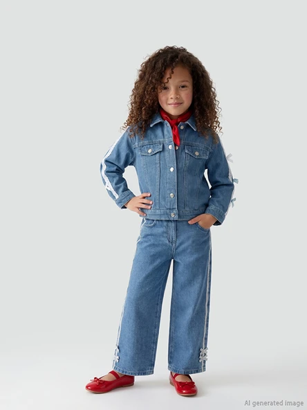 LCW Kids İndigo Regular Fit Yanları Şeritli Kız Çocuk Jean Pantolon ürün görseli 1