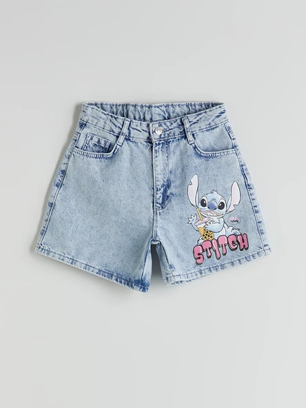 LCW Kids Mavi Stitch Baskılı Kız Çocuk Jean Şort ürün görseli 1