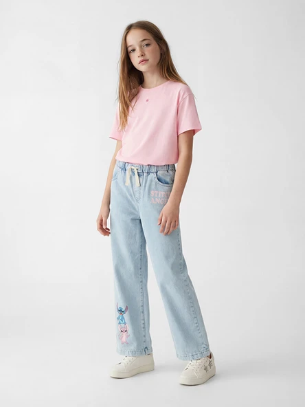 LCW Kids Mavi Wideleg Stitch Baskılı Kız Çocuk Jean Pantolon ürün görseli 1