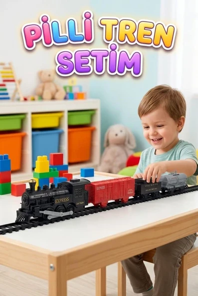 12 Parça Pilli Tren Seti –  Işıklı ve Duman Çıkaran Modüler Ray Sistemli Siyah Tren Kırmızı Vagon ürün görseli 1