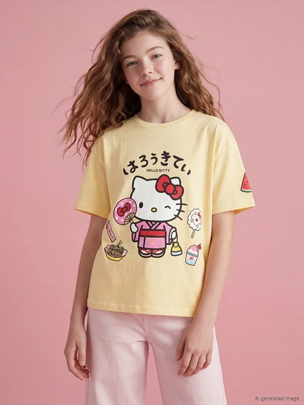 LCW Kids Sarı Hello Kitty Baskılı Bisiklet Yaka Kız Çocuk Tişört ürün görseli 1