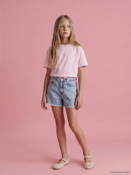 LCW Kids Mavi Çiçek Nakışlı Kız Çocuk Jean Şort ürün görseli 1