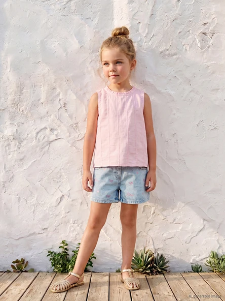 LCW Kids Mavi Beli Lastikli Nakışlı Kız Çocuk Jean Şort ürün görseli 1