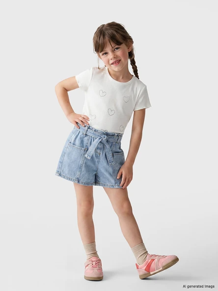 LCW Kids İndigo Beli Kemerli Kız Çocuk Jean Şort ürün görseli 1