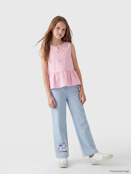 LCW Kids İndigo Wideleg Stitch Baskılı Kız Çocuk Jean Pantolon ürün görseli 1