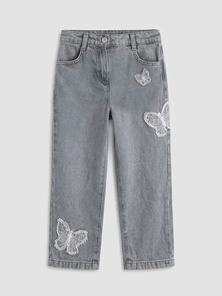 LCW Kids Gri Standart Kalıp Kelebek Nakışlı Kız Çocuk Jean Pantolon ürün görseli 1