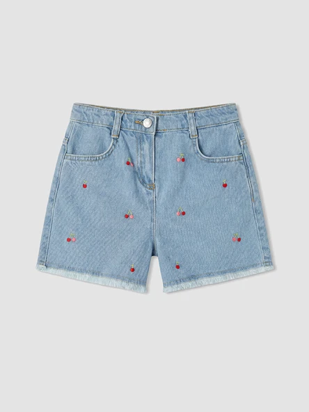 LCW Kids Mavi Kiraz Nakışlı Kız Çocuk Jean Şort ürün görseli 1