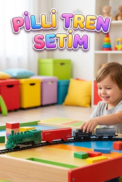 12 Parça Pilli Tren Seti –  Işıklı ve Duman Çıkaran Modüler Ray Sistemli Yeşil Tren Kırmızı Vagon ürün görseli 1