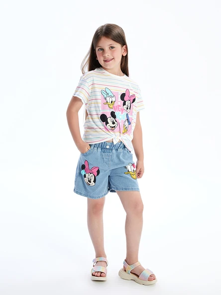 LCW Kids İndigo Beli Lastikli Minnie Mouse Baskılı Kız Bebek Jean Şort ürün görseli 1
