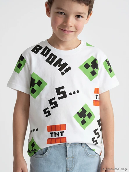 LCW Kids Beyaz Minecraft Baskılı Erkek Çocuk Tişört ürün görseli 1