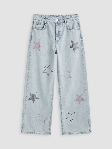LCW Kids Mavi Wideleg Taşlı Kız Çocuk Jean Pantolon ürün görseli 1
