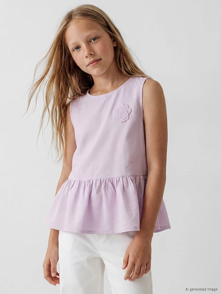 LCW Kids Lila Bisiklet Yaka Nakışlı Fırfırlı Kız Çocuk Bluz ürün görseli 1