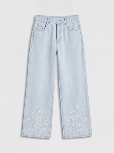 LCW Kids İndigo Wideleg Çiçekli Kız Çocuk Jean Pantolon ürün görseli 1