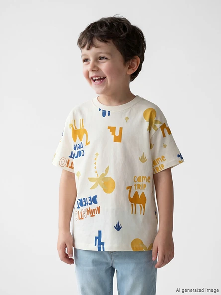 LCW Kids Bej Bisiklet Yaka Baskılı Erkek Çocuk Tişört ürün görseli 1