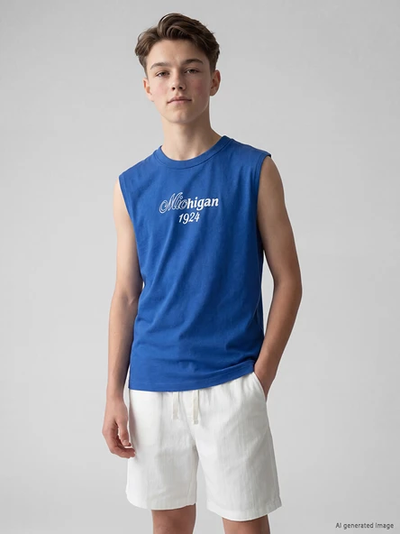 LCW Kids Mavi Bisiklet Yaka Michigan Baskılı Erkek Çocuk Atlet ürün görseli 1