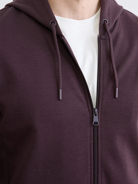 LCWAIKIKI Basic Mürdüm Kapüşonlu Erkek Fermuarlı Sweatshirt - Resim 4