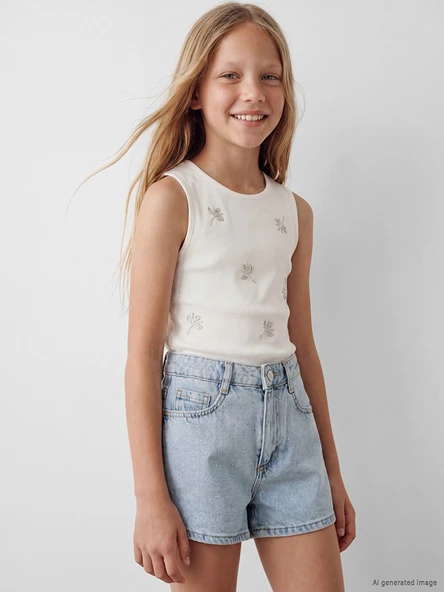 LCW Kids Mavi Taşlı Kız Çocuk Jean Şort ürün görseli 1