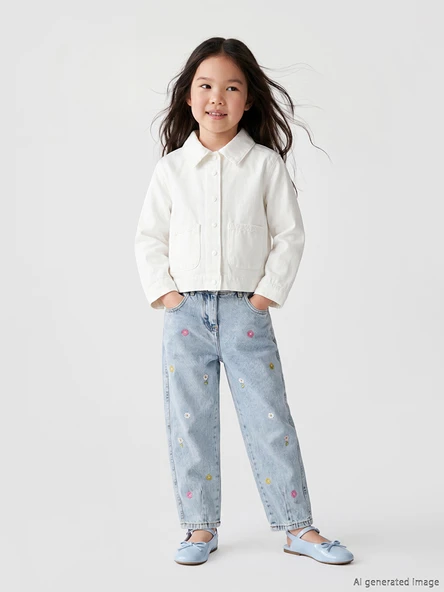 LCW Kids Mavi Çiçek Nakışlı Kız Çocuk Jean Pantolon ürün görseli 1