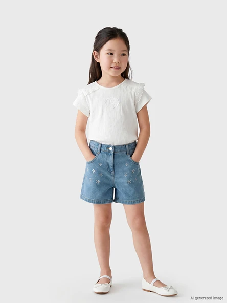 LCW Kids İndigo Çiçek Nakışlı Kız Çocuk Jean Şort ürün görseli 1