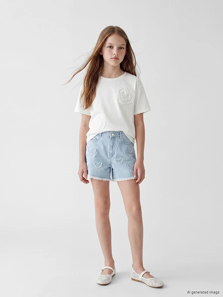 LCW Kids İndigo Kalp Nakışlı Kız Çocuk Jean Şort ürün görseli 1