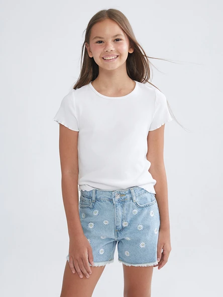 LCW Kids İndigo Çiçekli Kız Çocuk Jean Şort ürün görseli 1