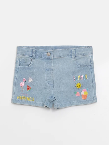LCW Kids İndigo Beli Lastikli Nakışlı Kız Bebek Jean Şort ürün görseli 1
