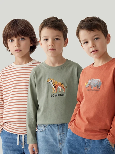 LCW Kids Yeşil Bisiklet Yaka Baskılı Erkek Çocuk Tişört 3'lü ürün görseli 1