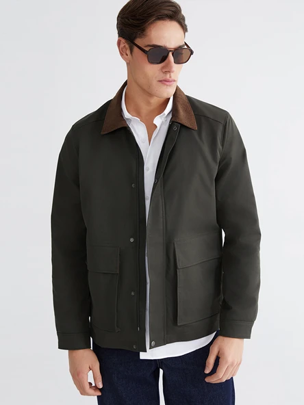 LCWAIKIKI Classic Haki  Kadife Yaka Gabardin Erkek Ceket ürün görseli 1