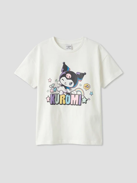 LCW Kids Beyaz Bisiklet Yaka Kuromi Baskılı Kız Çocuk Tişört ürün görseli 1