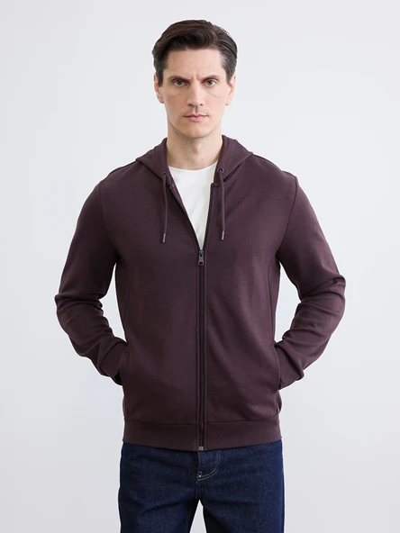 LCWAIKIKI Basic Mürdüm Kapüşonlu Erkek Fermuarlı Sweatshirt ürün görseli 1