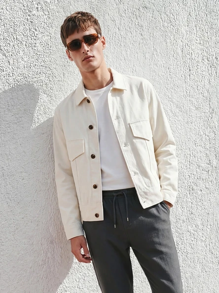 LCW Vision Gri Loose Fit Gömlek Yaka Erkek Gabardin Ceket ürün görseli 1