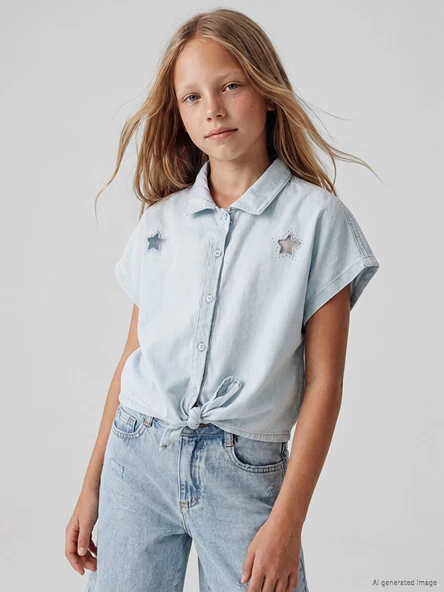 LCW Kids Mavi Taşlı Kız Çocuk Jean Gömlek ürün görseli 1