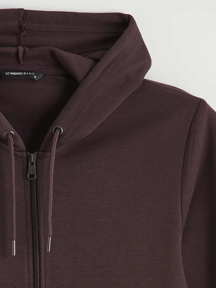 LCWAIKIKI Basic Mürdüm Kapüşonlu Erkek Fermuarlı Sweatshirt - Resim 7