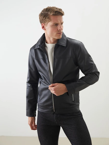 LCWAIKIKI Classic Siyah Slim Fit Gömlek Yaka Erkek Deri Görünümlü Ceket ürün görseli 1