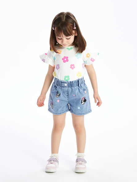 LCW Kids Mavi Beli Lastikli Minnie Mouse Nakışlı Kız Çocuk Jean Şort ürün görseli 1
