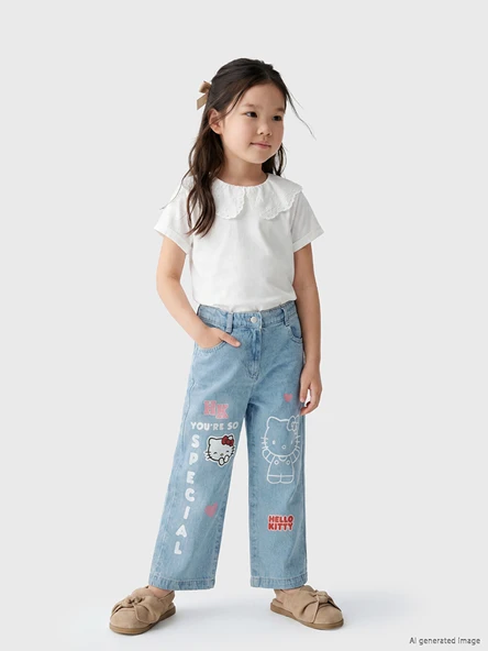 LCW Kids Mavi Hello Kitty Baskılı Kız Çocuk Jean Pantolon ürün görseli 1