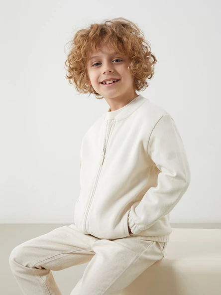 LCW Kids Bej Basic Erkek Çocuk Fermuarlı Sweatshirt ürün görseli 1