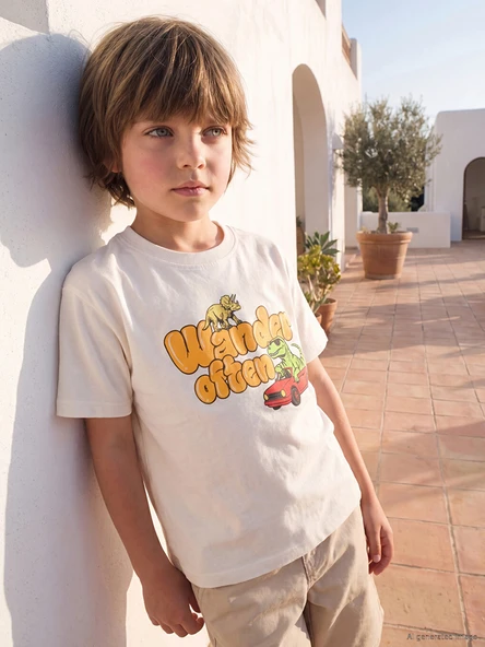 LCW Kids Bej Bisiklet Yaka Baskılı Erkek Çocuk Tişört ürün görseli 1