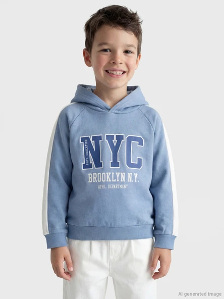 LCW Kids Mavi Kapüşonlu NYC Baskılı Erkek Çocuk Sweatshirt ürün görseli 1