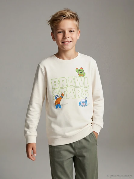 LCW Kids Bej Bisiklet Yaka Brawl Stars Baskılı Erkek Çocuk Sweatshirt ürün görseli 1