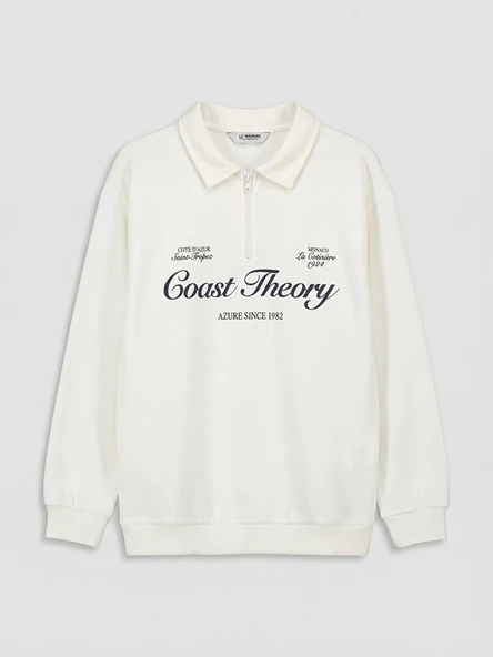 LCW Kids Beyaz Polo Yaka Baskılı Erkek Çocuk Sweatshirt ürün görseli 1