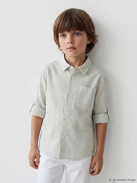 LCW Kids Yeşil Çizgili Keten Karışımlı Erkek Çocuk Gömlek ürün görseli 1