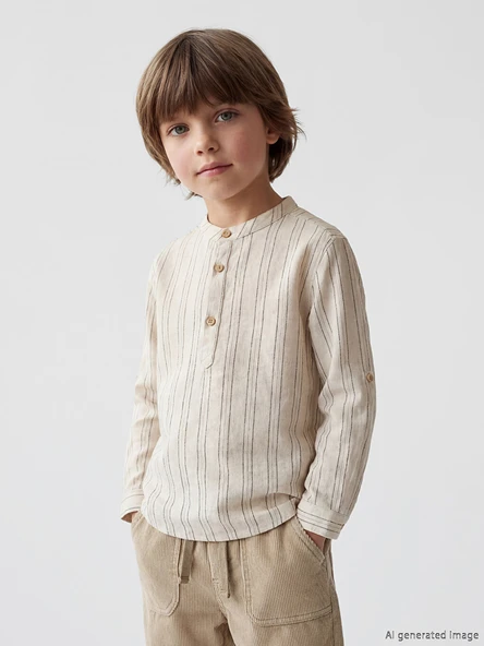 LCW Kids Yeşil Çizgili Keten Karışımlı Erkek Çocuk Gömlek ürün görseli 1